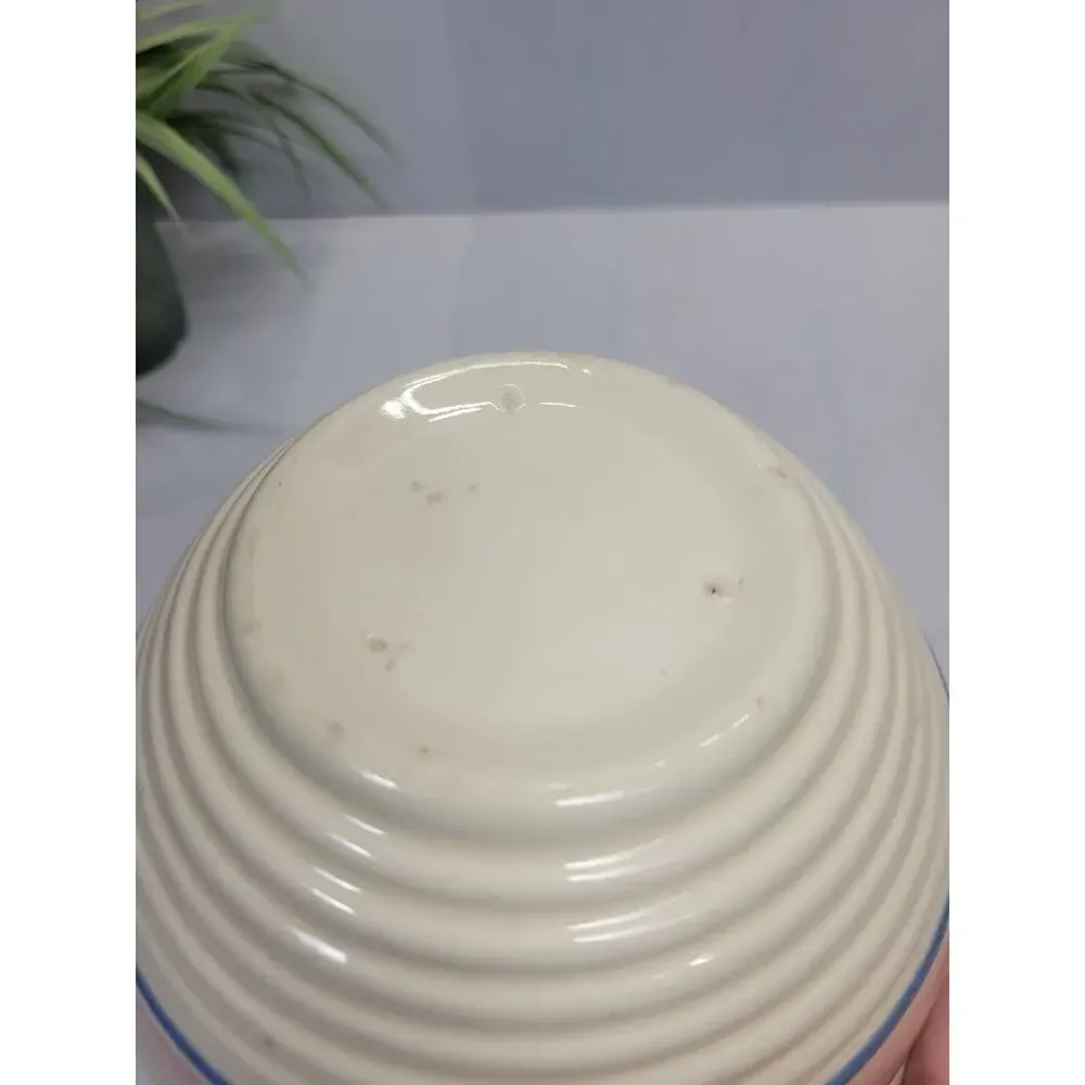 Vintage McCoy Hull Beehive Mixing Bowl Pink Blue Stripe Yellowware Stoneware 7